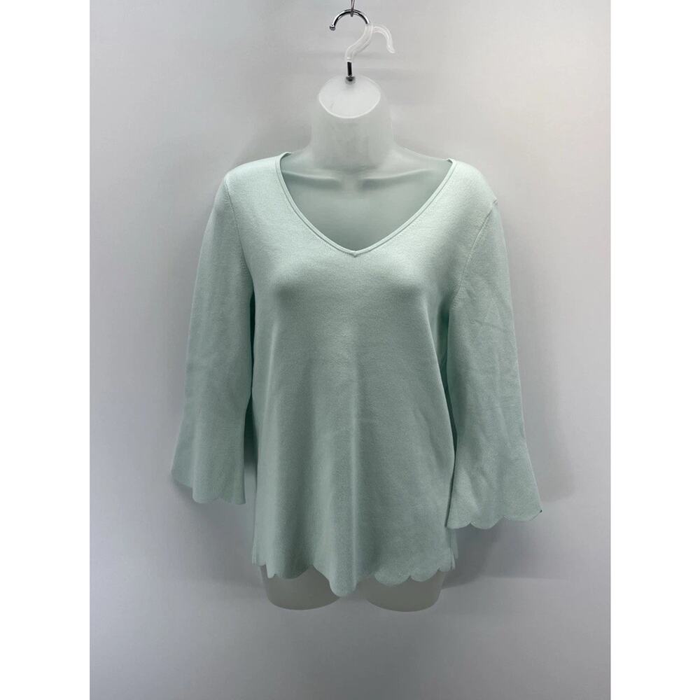Talbots Women's V-Neck Sweater Size M Light Blue Scalloped Edge